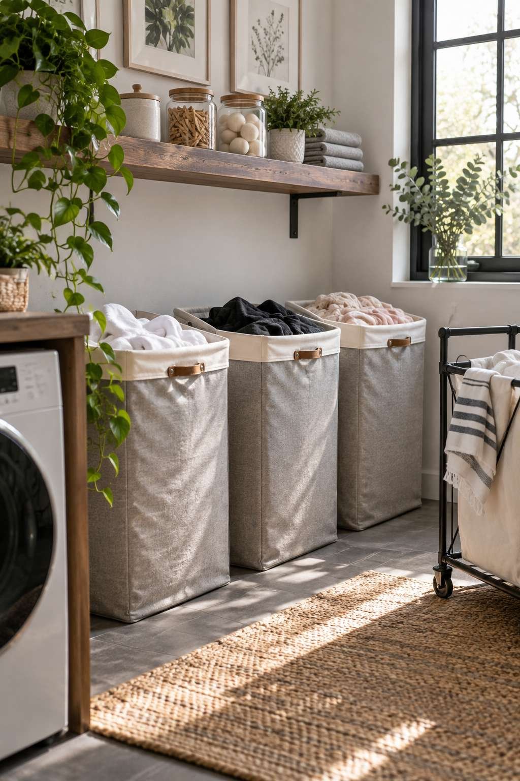 Labeled hampers for lights, darks, and delicates in a laundry room