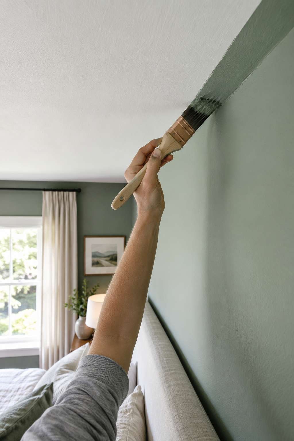 Cutting in paint along a bedroom ceiling line with an angled brush