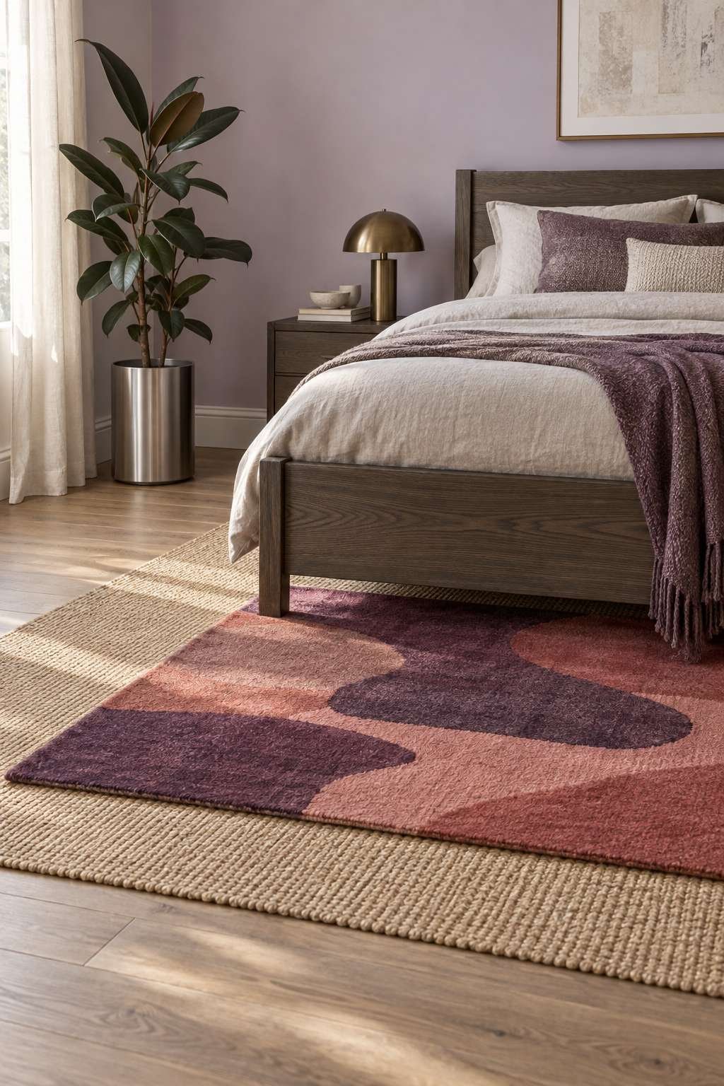 Layered patterned rug over a neutral base rug in a bedroom