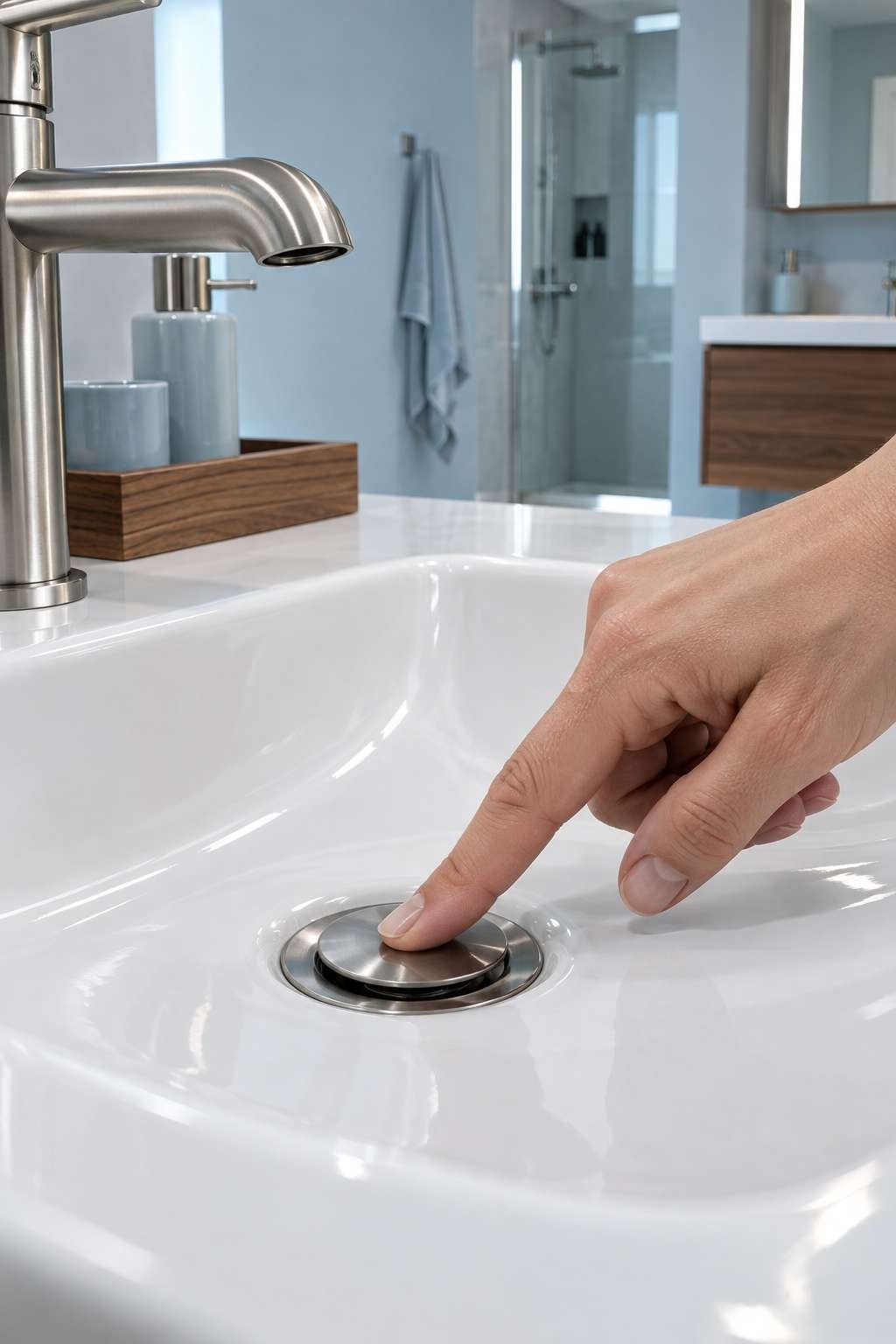 Pressing a toe-touch bathroom sink stopper to release it