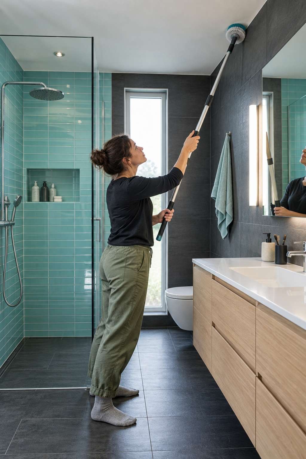 Using an extendable pole brush to reach a bathroom ceiling corner