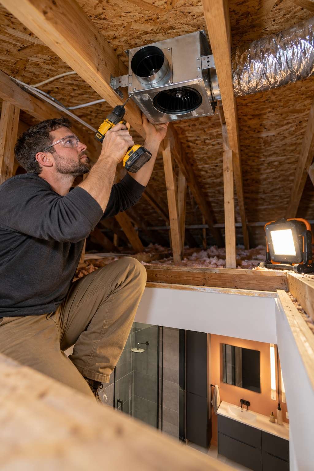 Mounting a new bathroom exhaust fan housing to ceiling joists