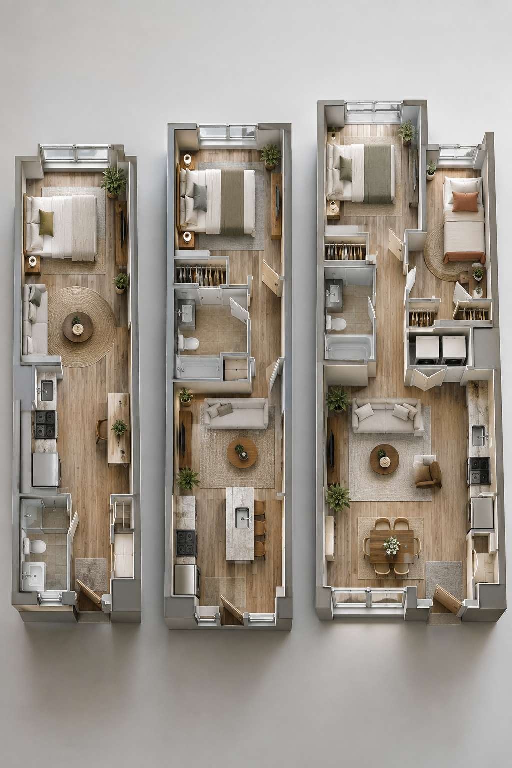 Studio, one-bedroom, and two-bedroom apartment layouts compared