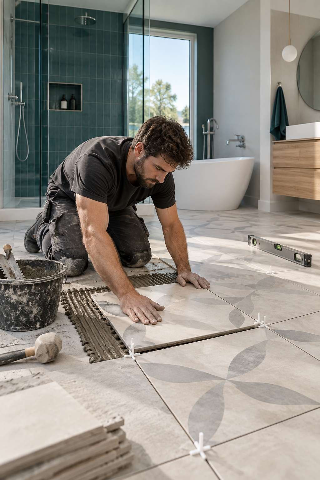 Setting a porcelain tile into mortar while tiling a bathroom floor