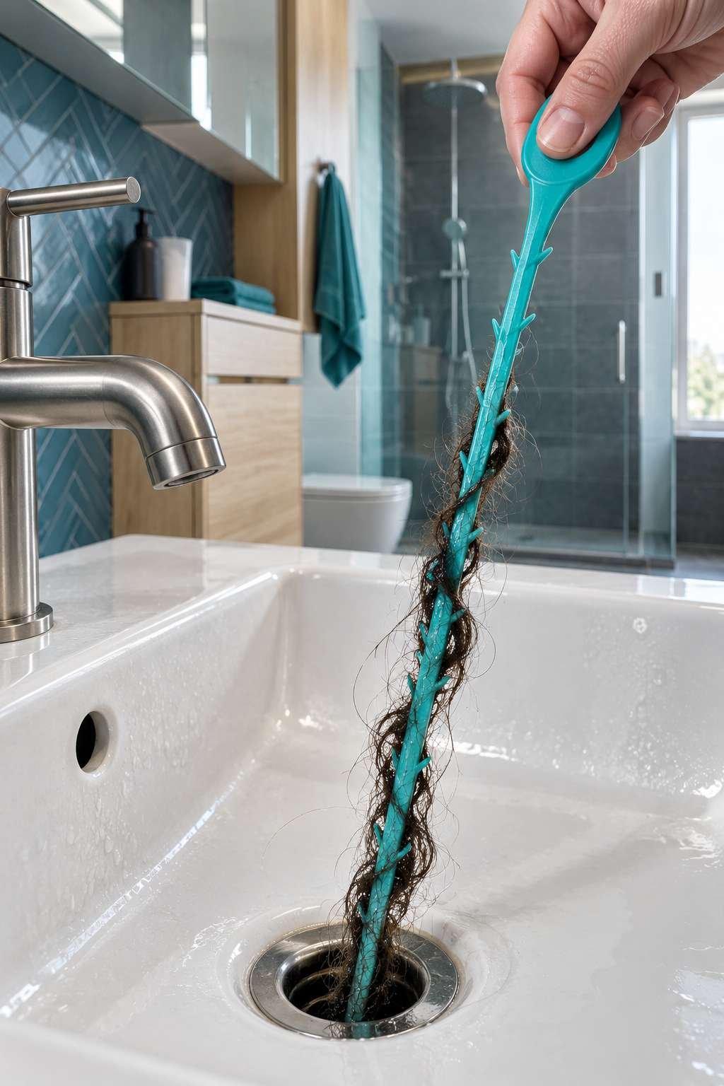 Zip-it drain tool pulling hair clog out of a bathroom sink