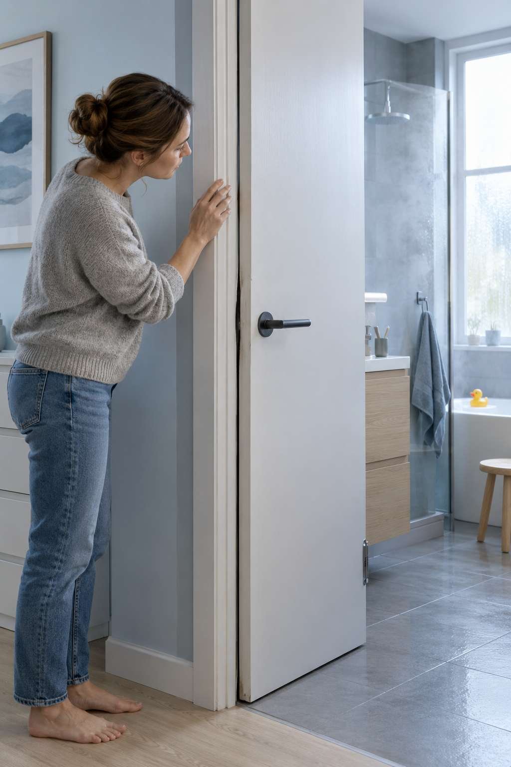 Swollen bathroom door misaligned with its frame causing it to stick