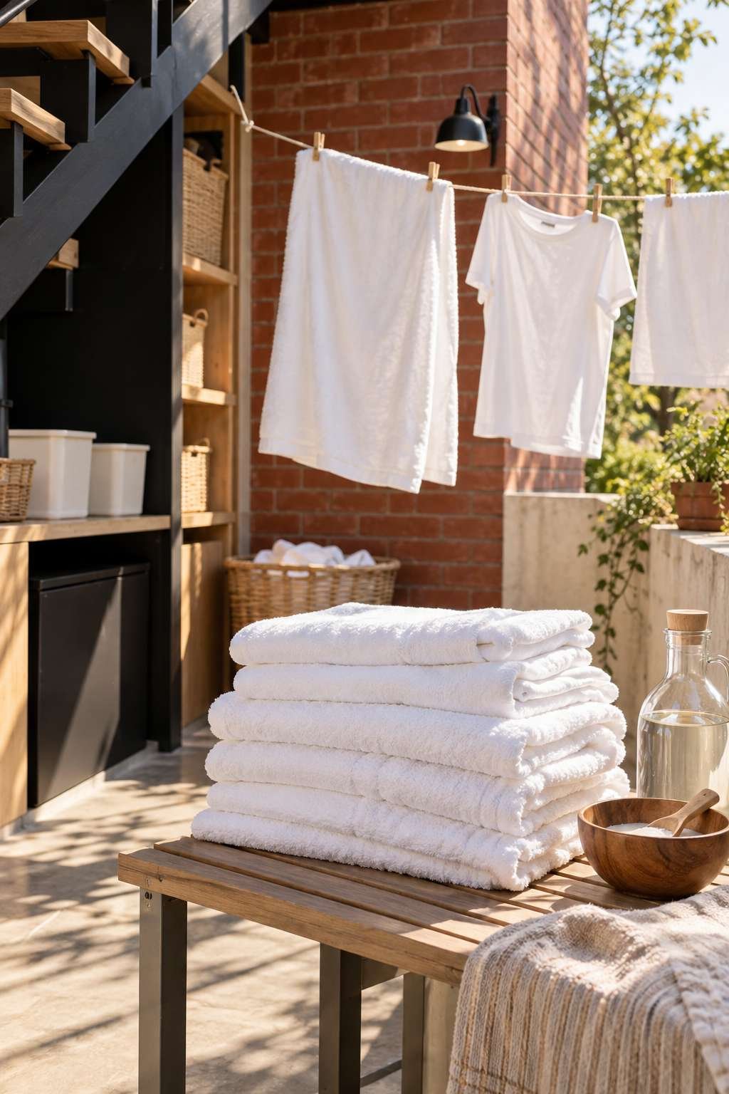 White laundry drying in sunlight after a vinegar brightening wash