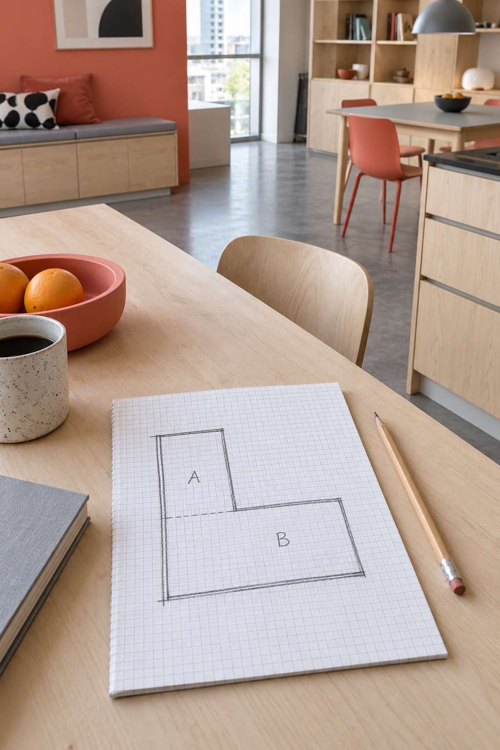 L-shaped room floor plan divided into two rectangles for measuring