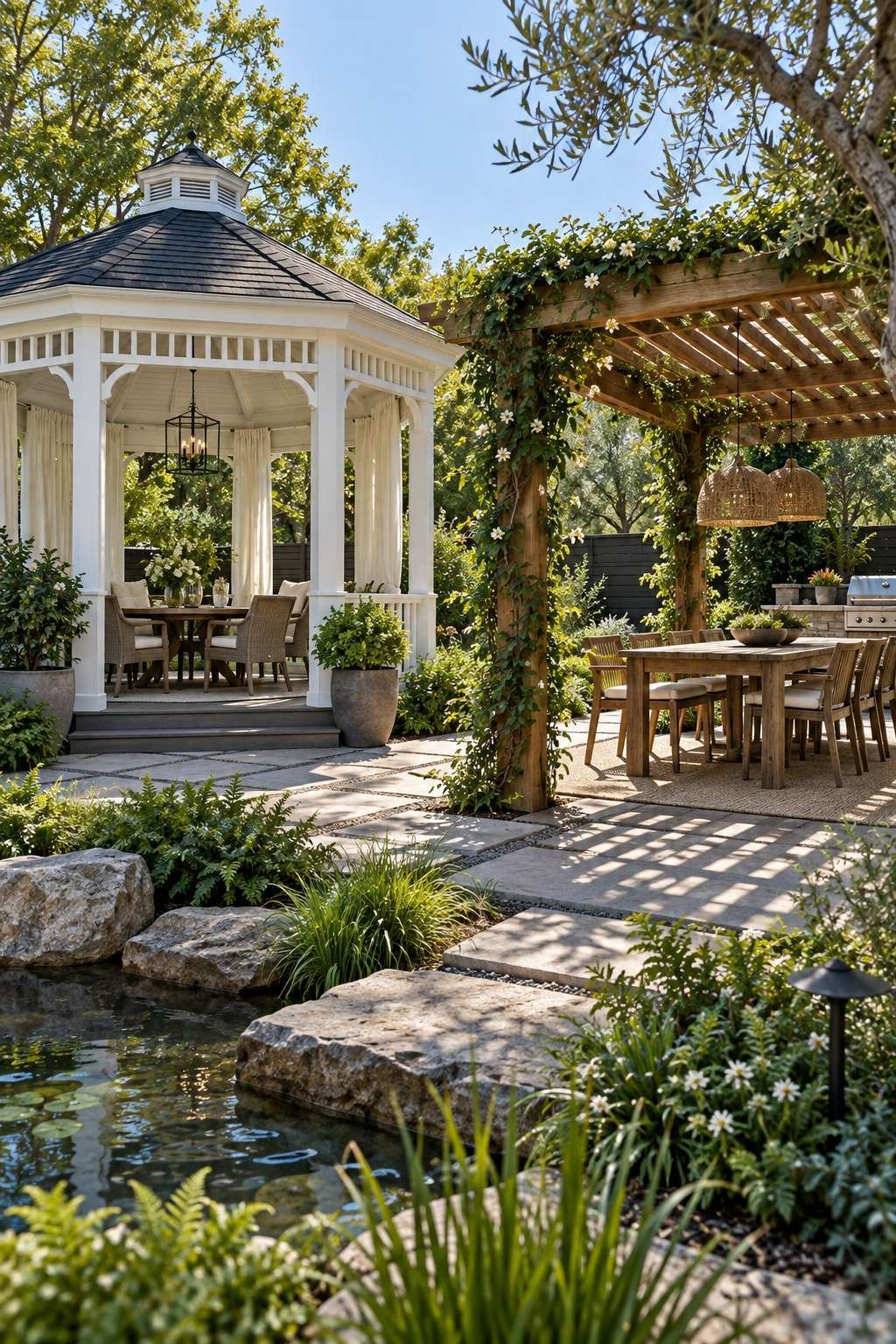 Side-by-side comparison of a solid-roof gazebo and an open-slat pergola