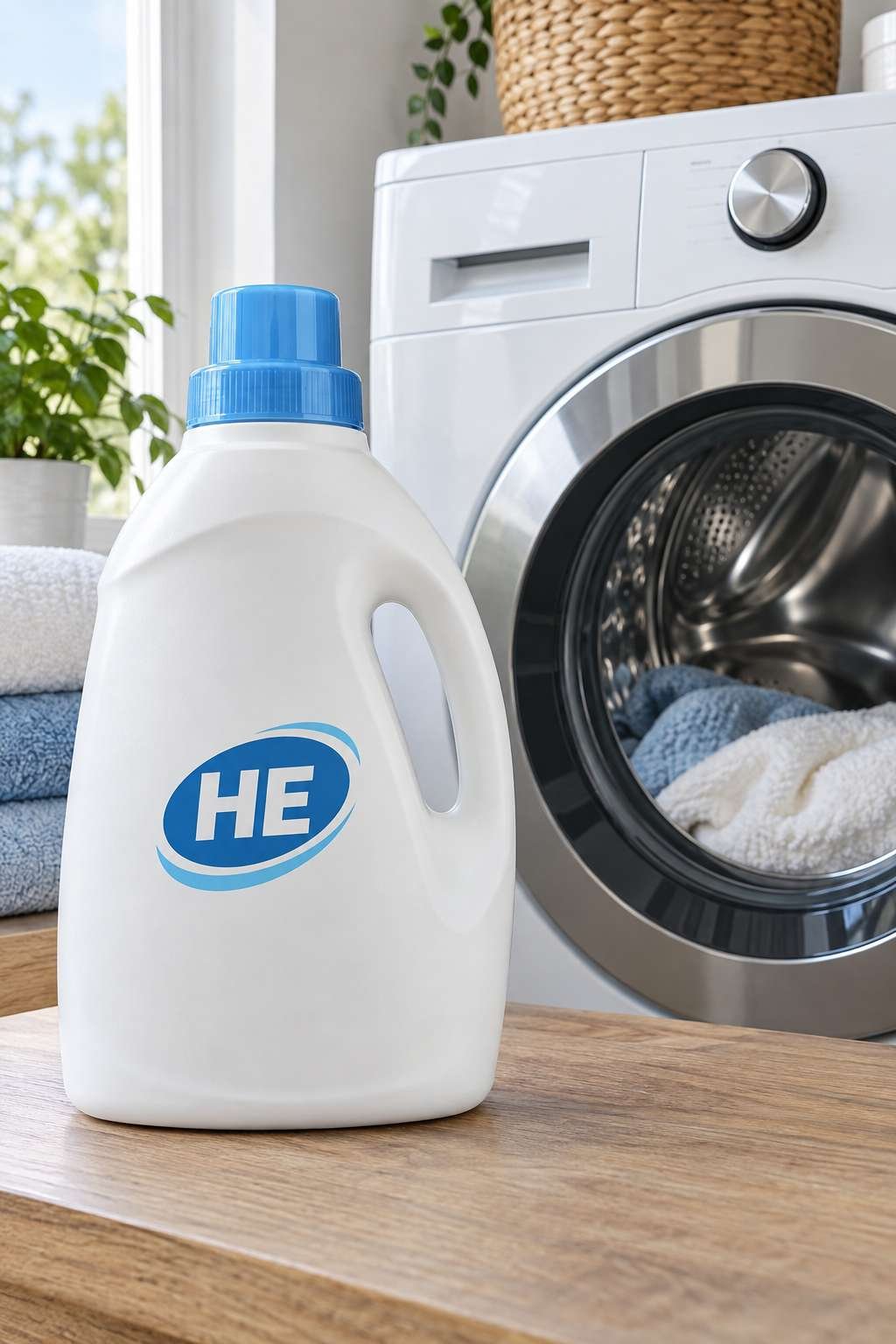 Detergent bottle with HE symbol beside a washing machine