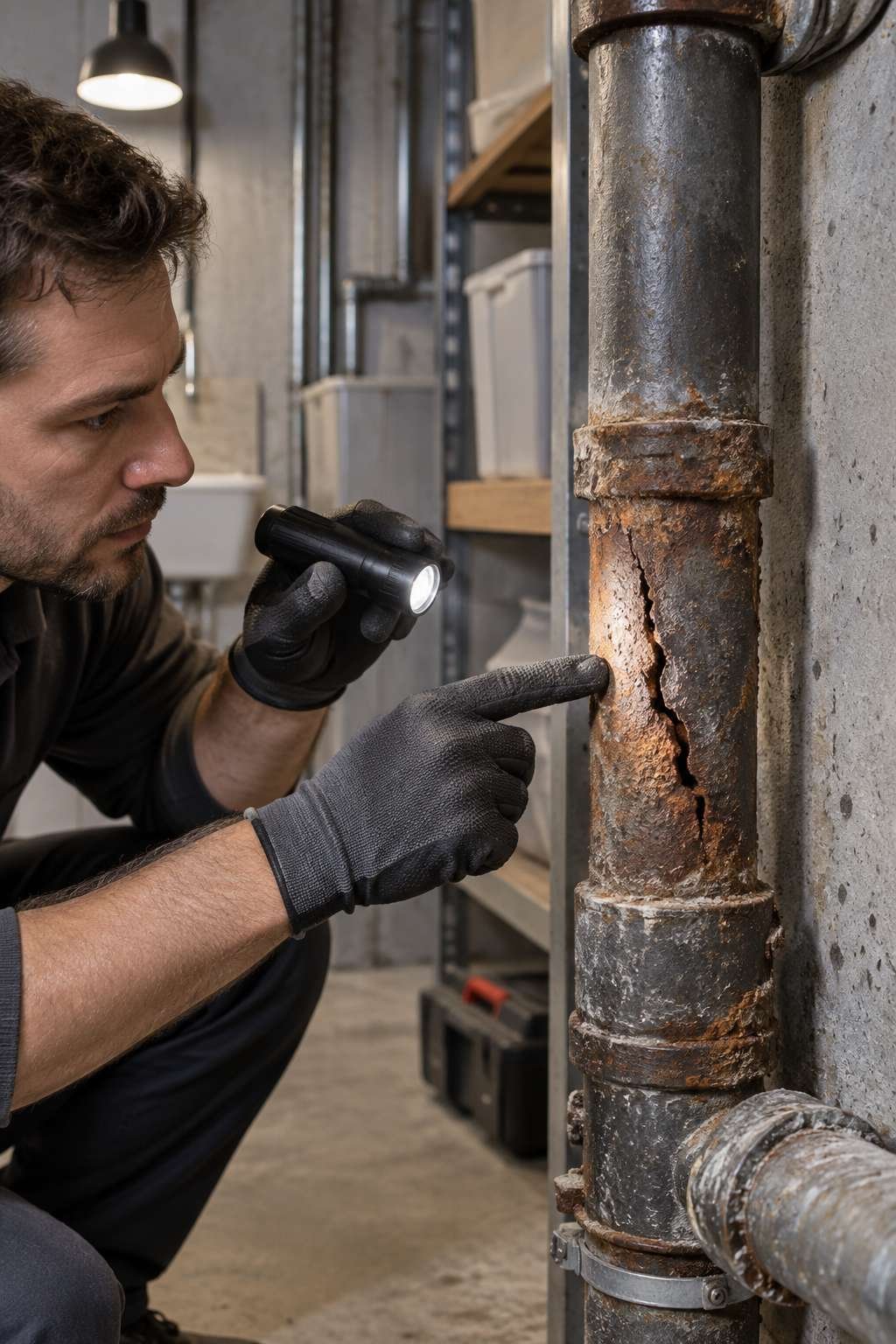 Cracked and corroded pipe found during plumbing inspection