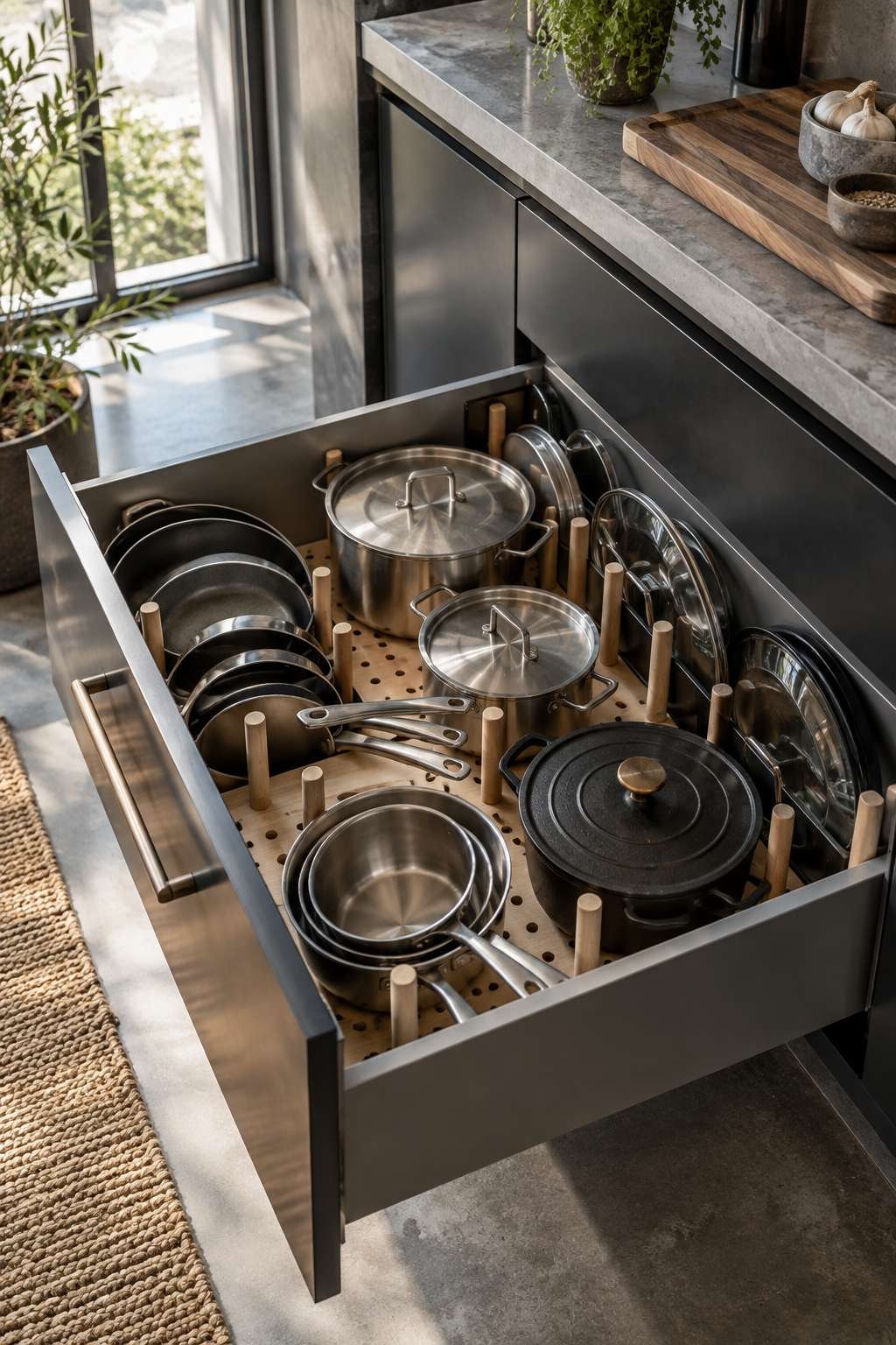 Kitchen drawer with peg-board base organizing pots, pans, and upright lids