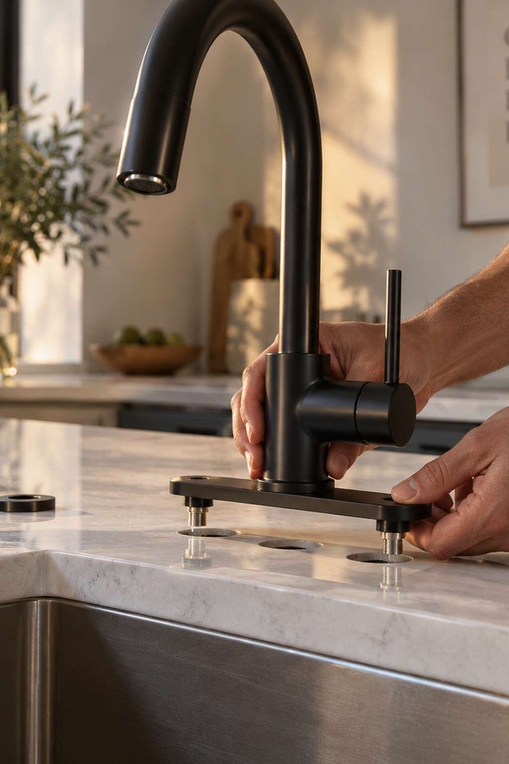 New matte black faucet body being installed into a countertop