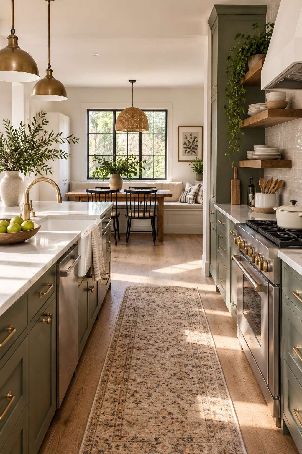 Kitchen floor with water-resistant vinyl plank flooring in warm light