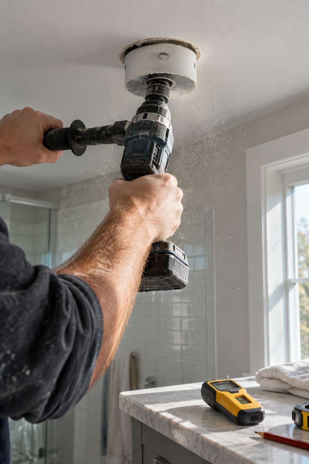 Cutting a circular ceiling opening for a new bathroom exhaust fan housing