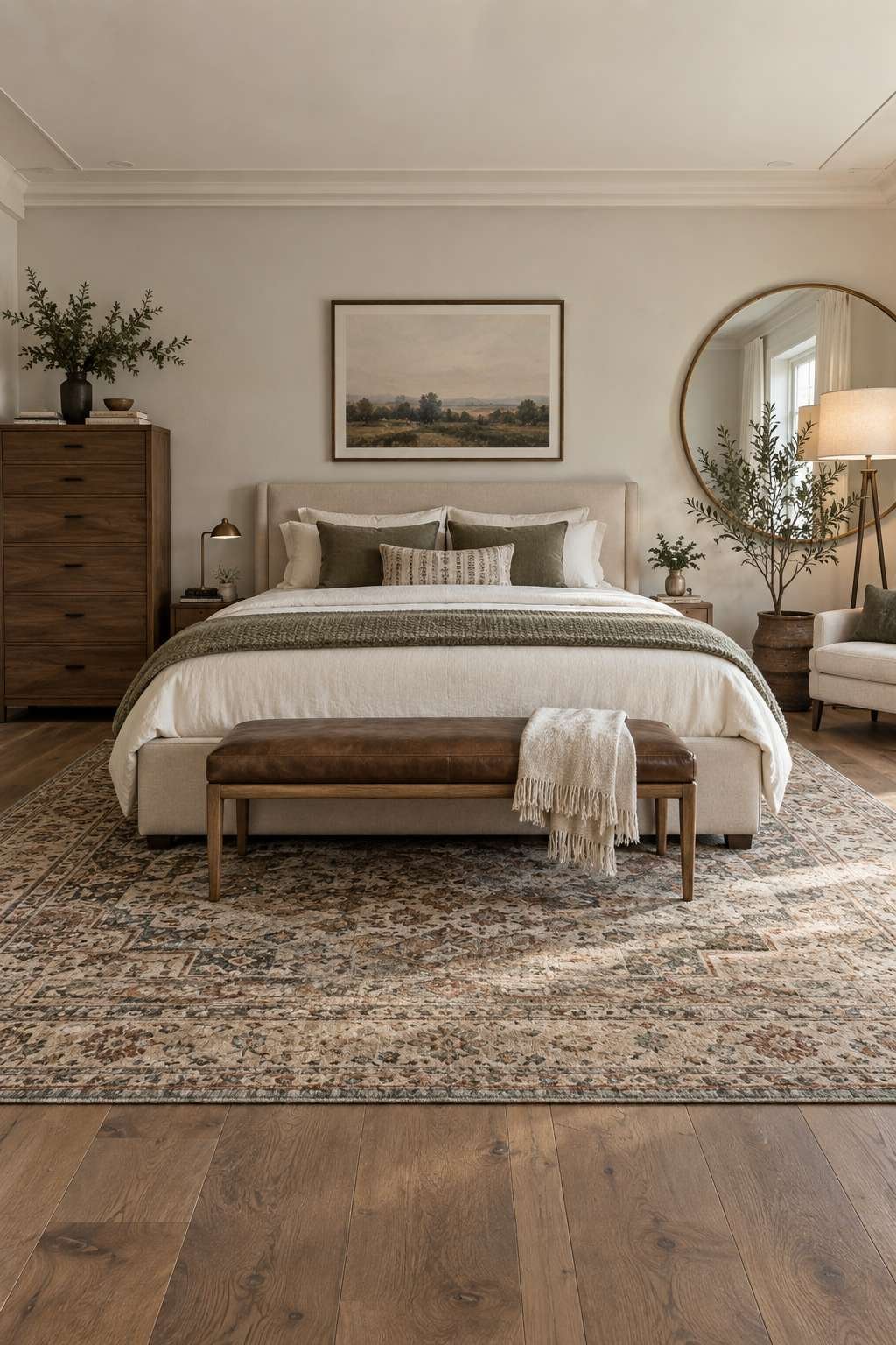 Bedroom balancing a tall dresser with a mirror and floor lamp on opposite sides