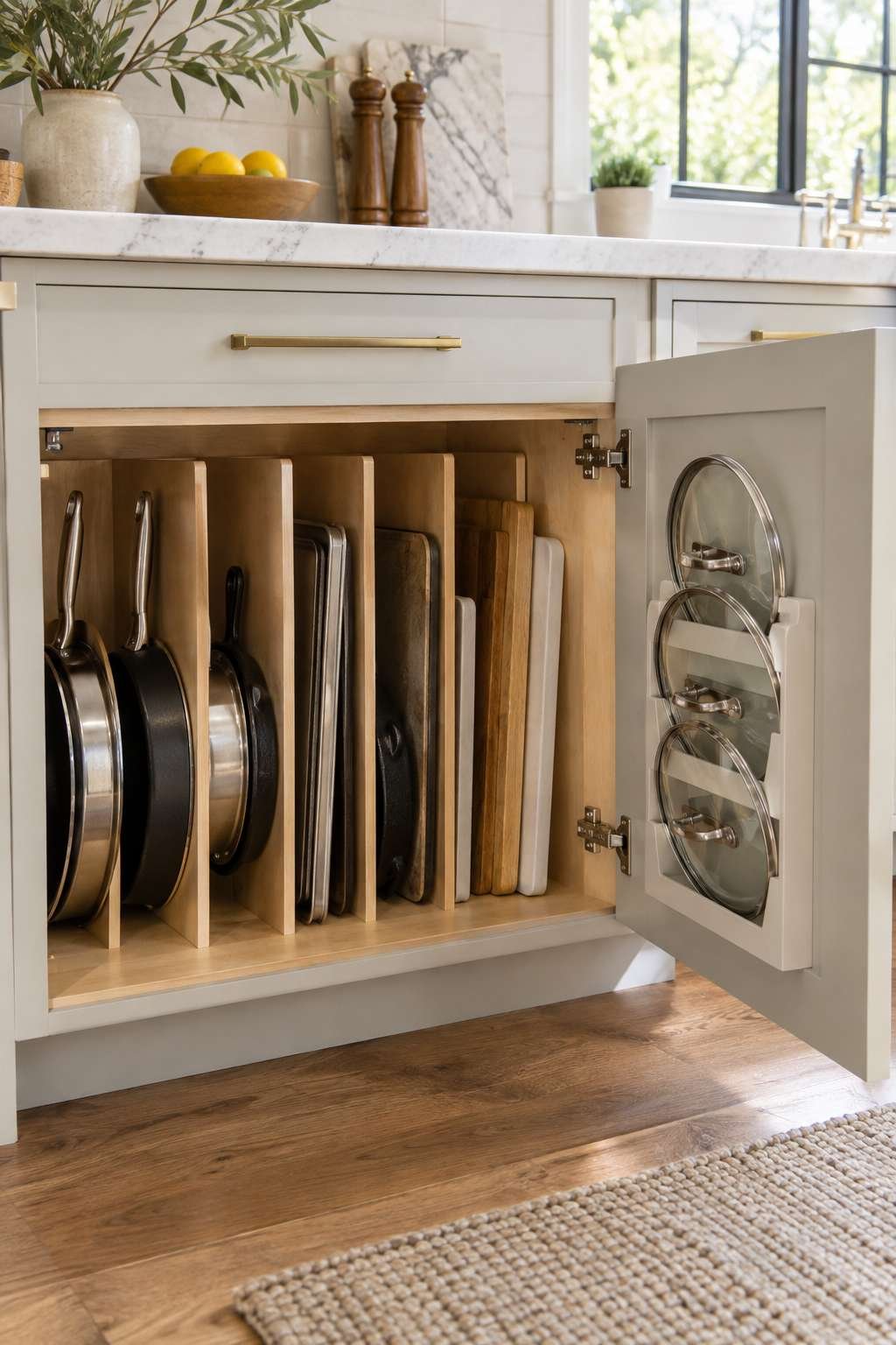 Kitchen cabinet with vertical dividers organizing pans and a door-mounted lid rack