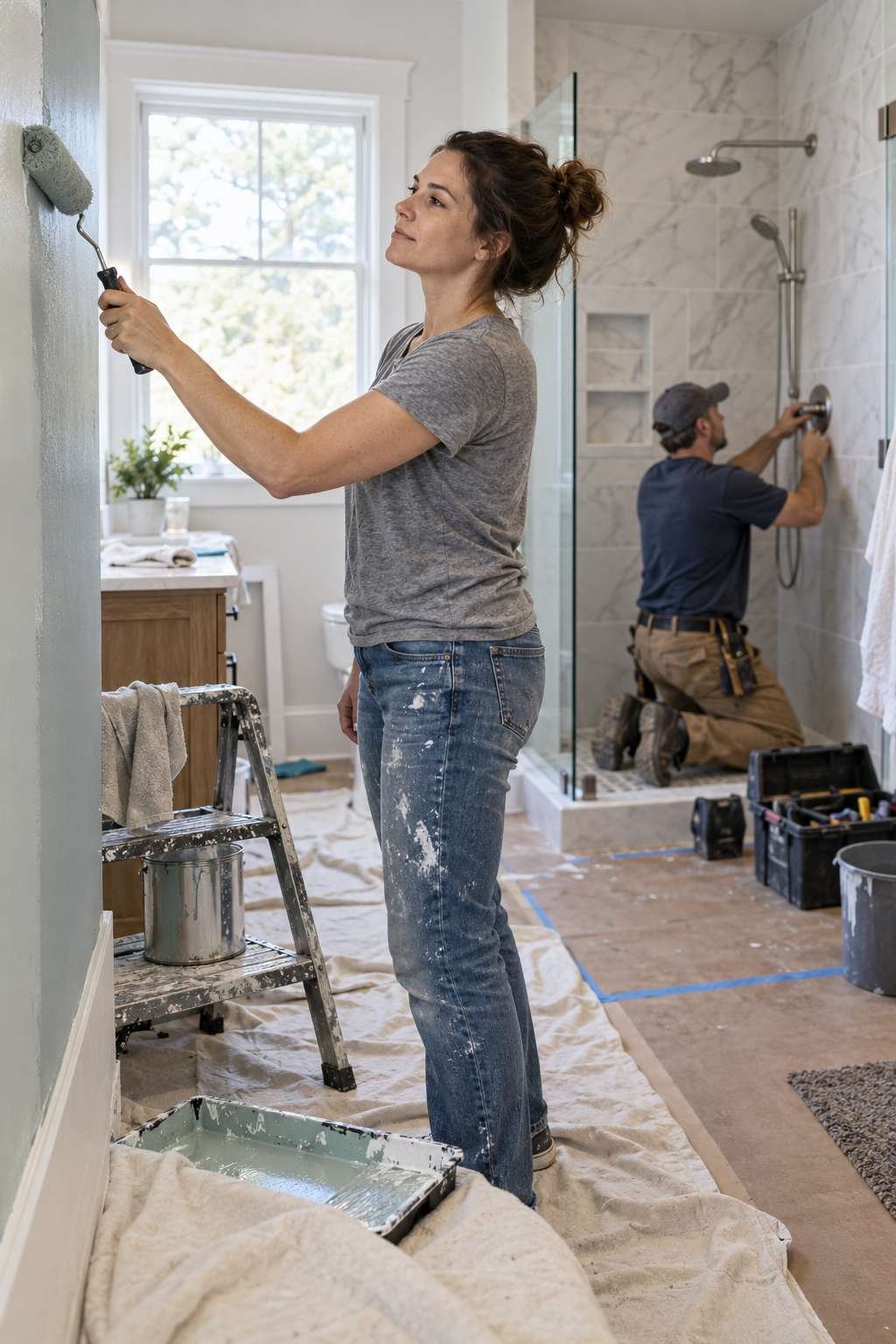 Homeowner painting a bathroom wall while a contractor installs plumbing, illustrating DIY versus professional work