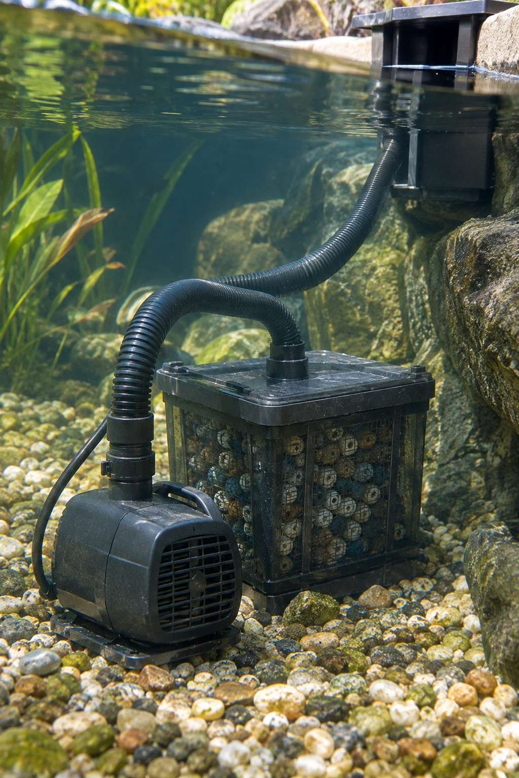 Submersible pump and filter installed underwater in a backyard pond