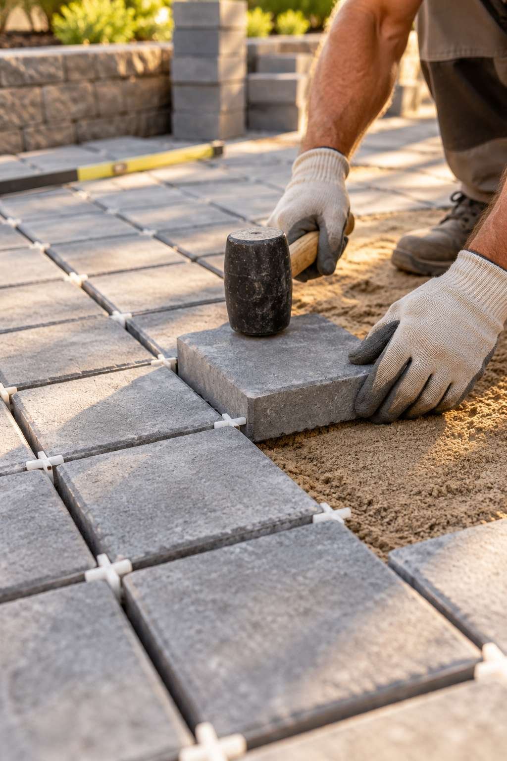 Hands setting a concrete paver into a sand bed while building a patio