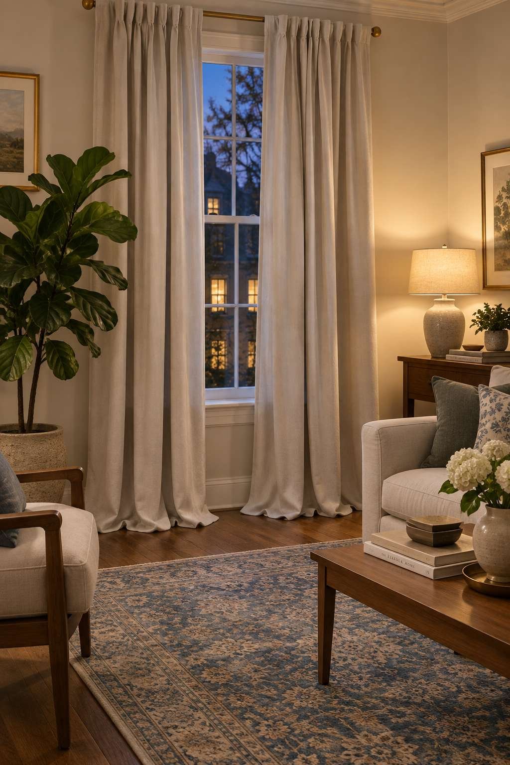 Floor-length curtains puddling softly in a traditional living room