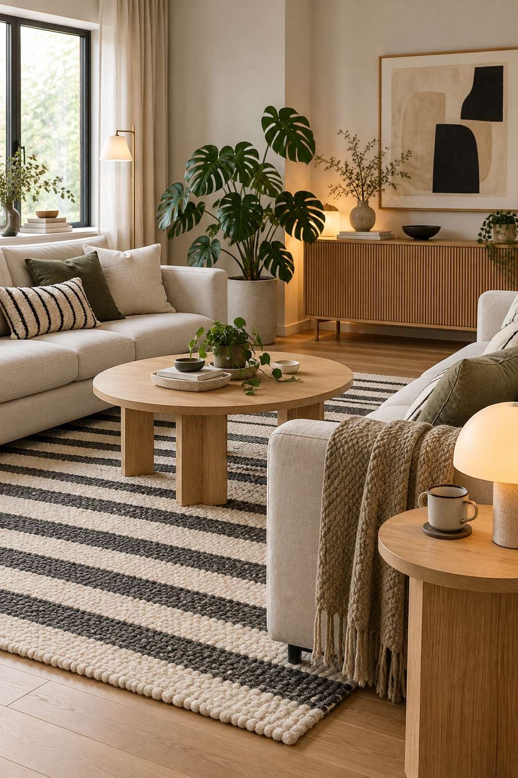 Round coffee table and side table sized for a living room seating area