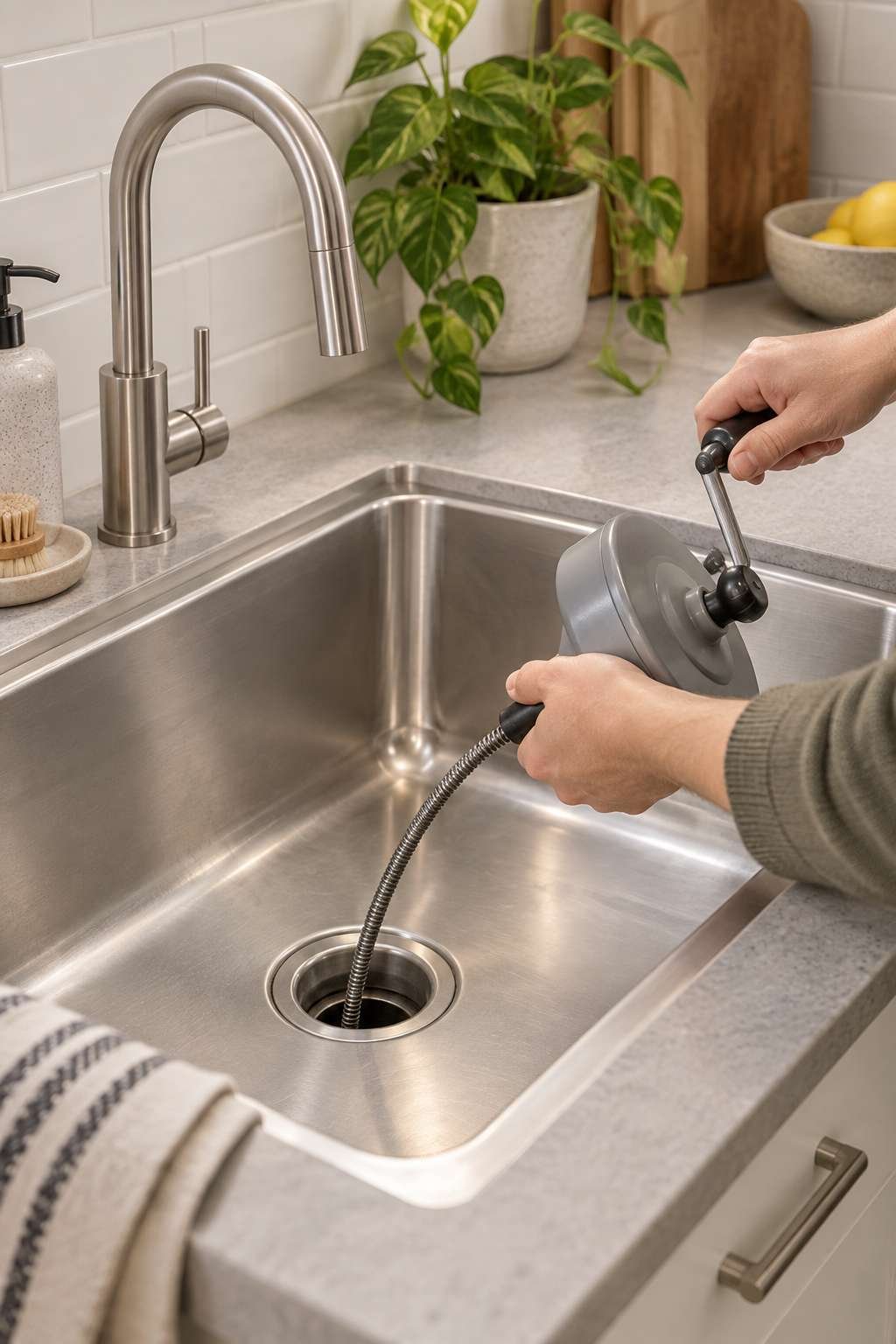 Drain snake tool clearing a stubborn clog in a kitchen sink pipe