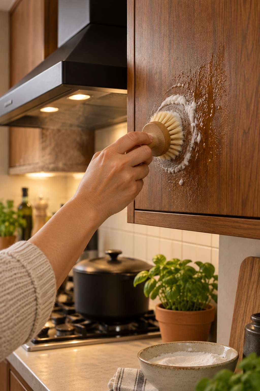 Applying baking soda paste to grease buildup on a wood kitchen cabinet