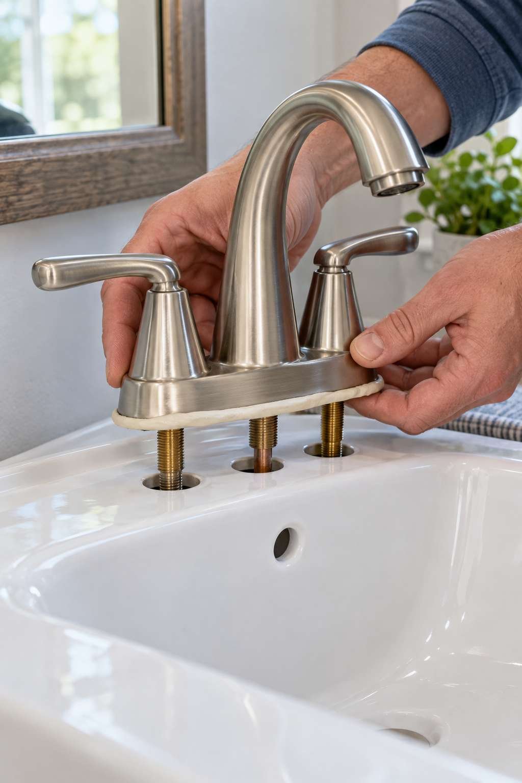 Positioning a new bathroom faucet onto the sink