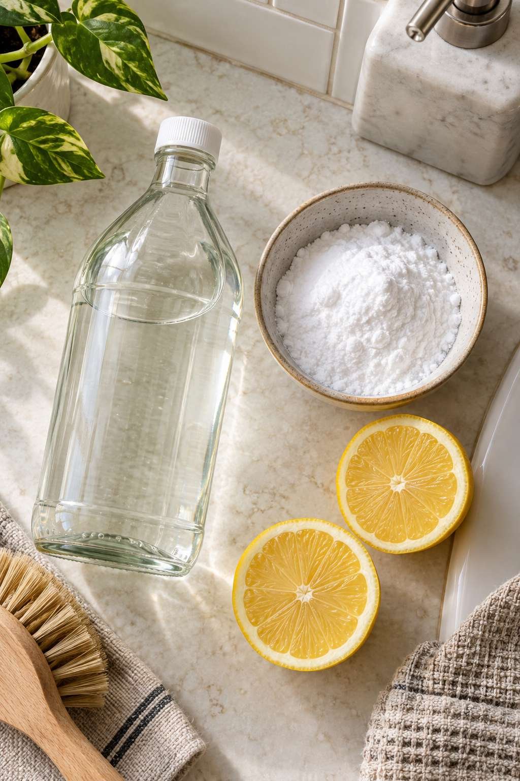 Natural cleaning ingredients for bathroom tile including vinegar and baking soda