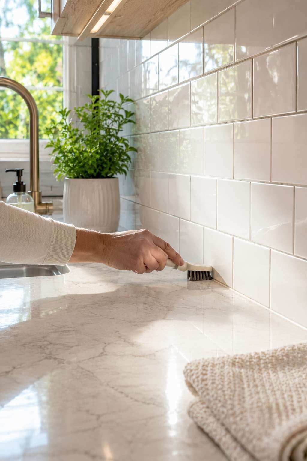 Grout brush cleaning a tiled kitchen backsplash beside a quartz counter