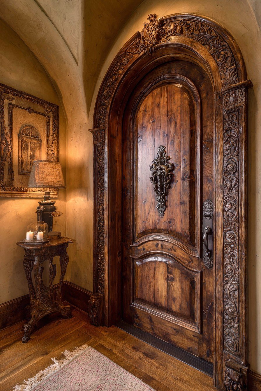 Raised-panel mahogany bedroom door with hand-carved top rail and antique bronze lever handle
