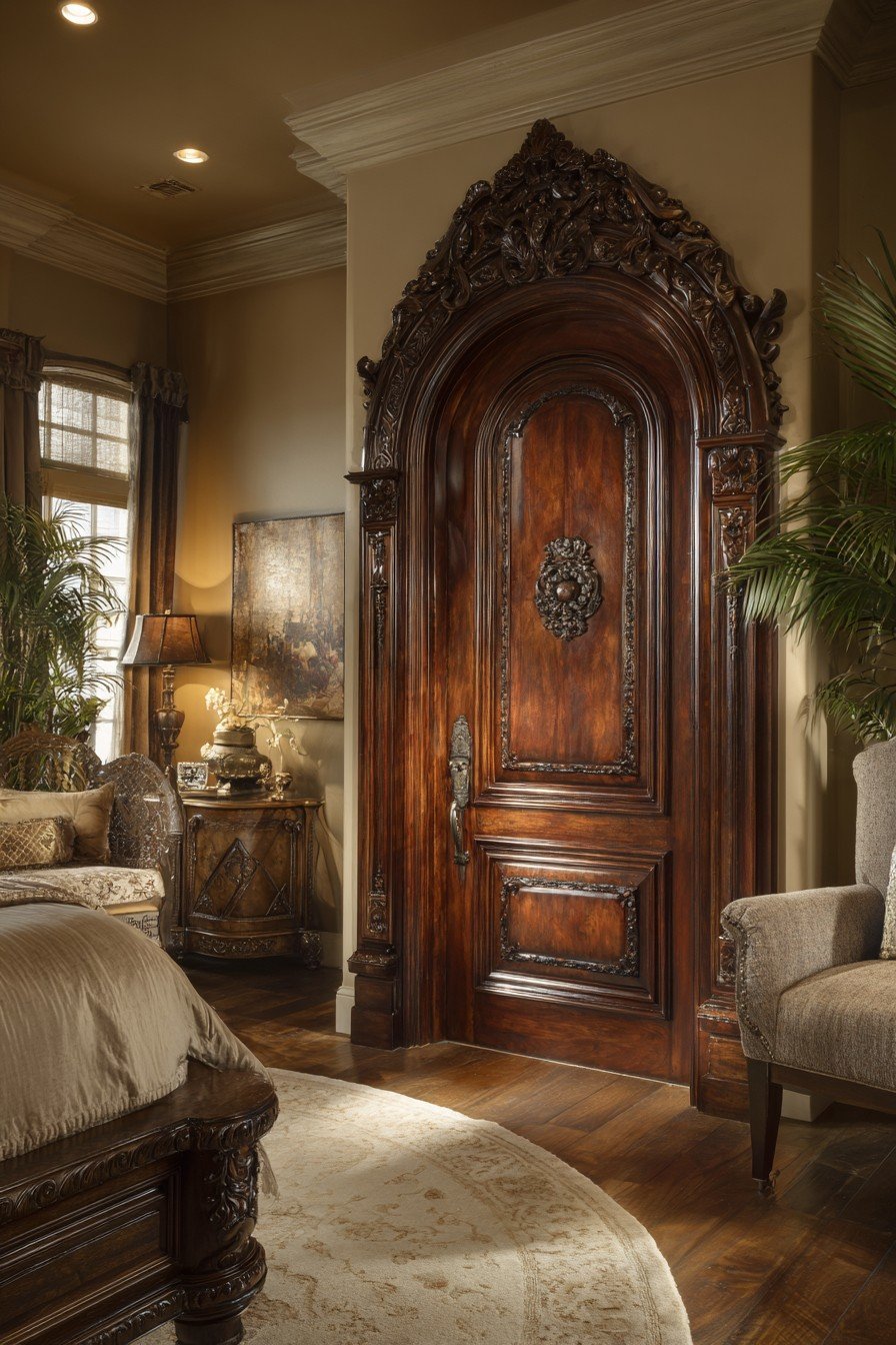 Raised-panel mahogany bedroom door with hand-carved top rail and antique bronze lever handle