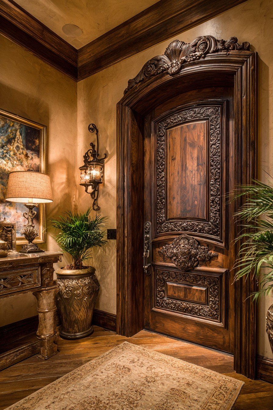 Raised-panel mahogany bedroom door with hand-carved top rail and antique bronze lever handle