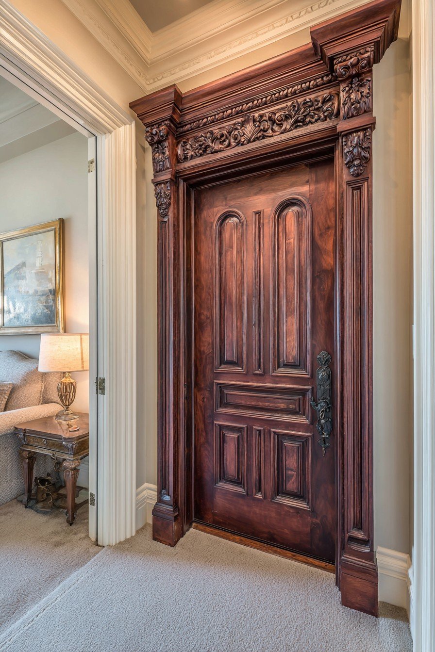 Raised-panel mahogany bedroom door with hand-carved top rail and antique bronze lever handle