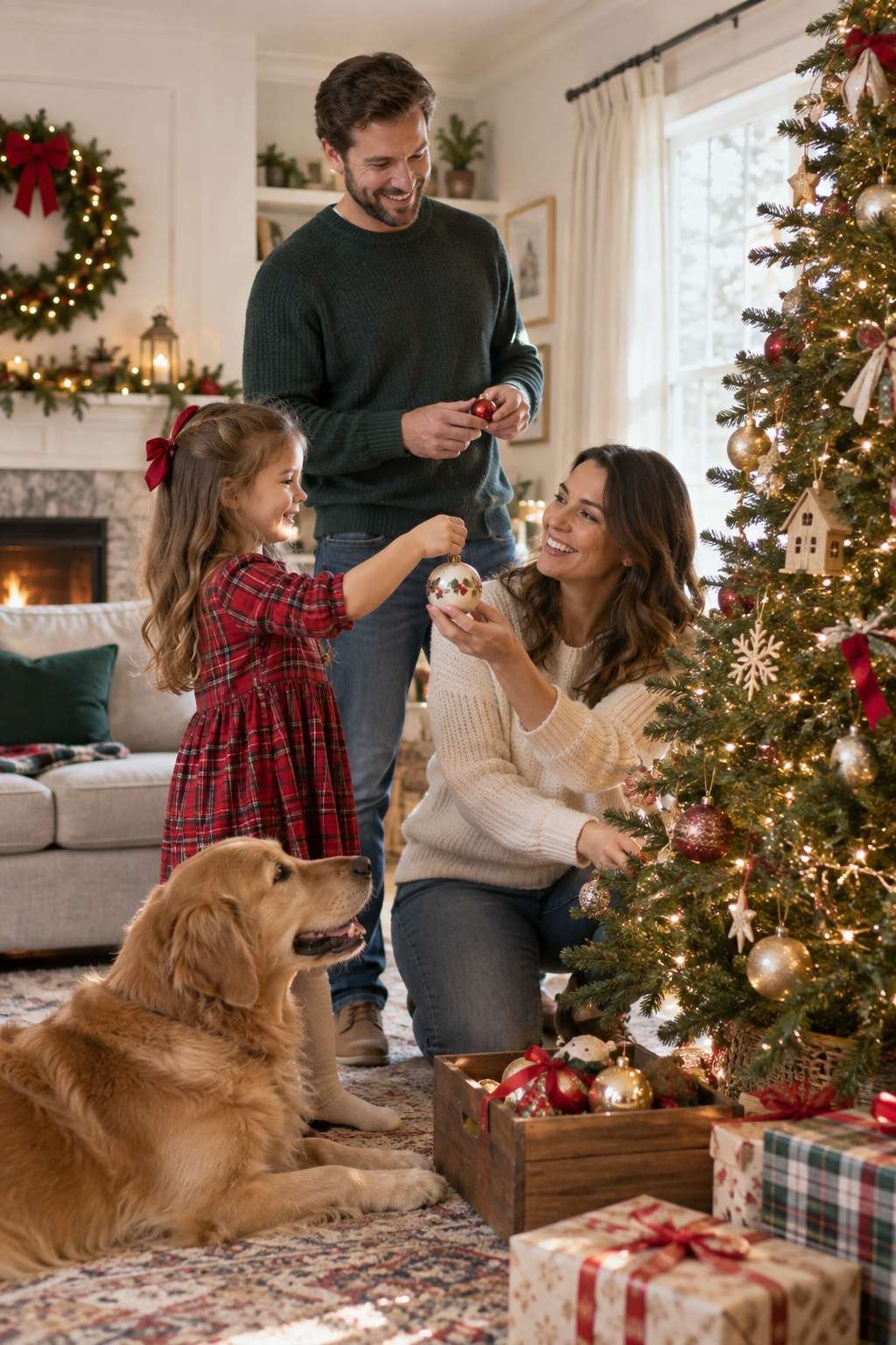 Family decorating a Christmas tree together