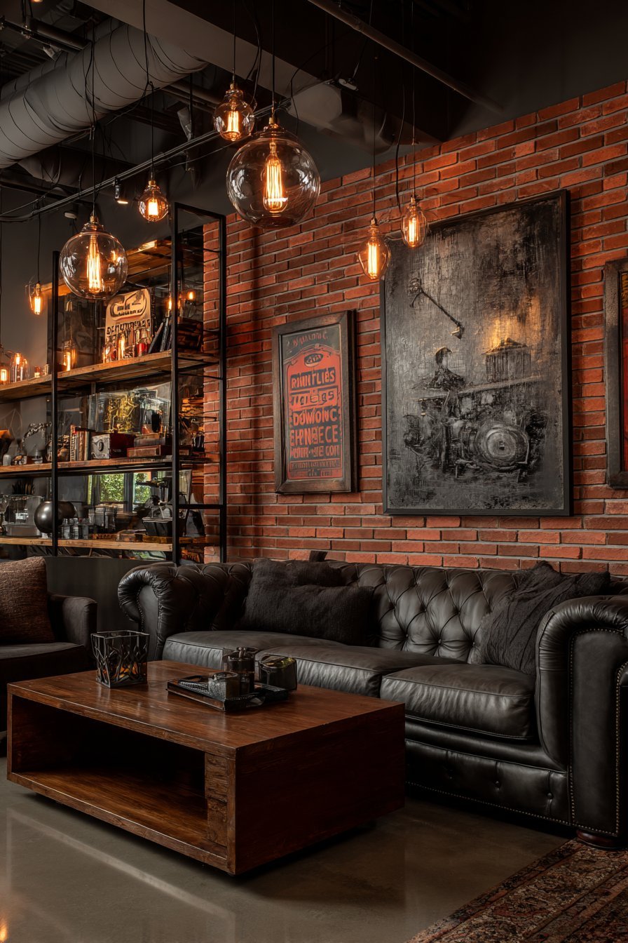 Industrial loft living room with metal wall sculptures on red brick above a charcoal leather Chesterfield