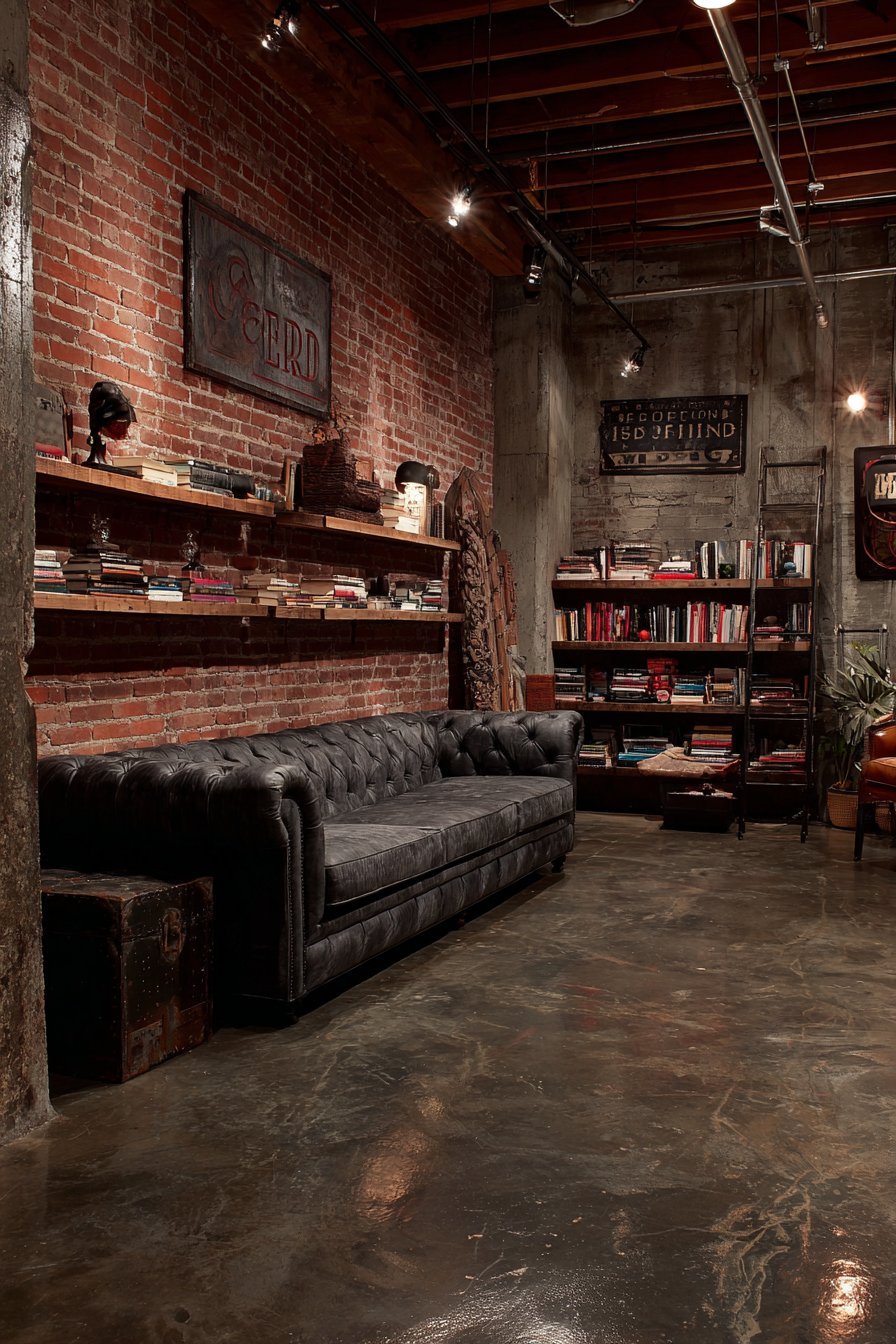Industrial loft living room with metal wall sculptures on red brick above a charcoal leather Chesterfield