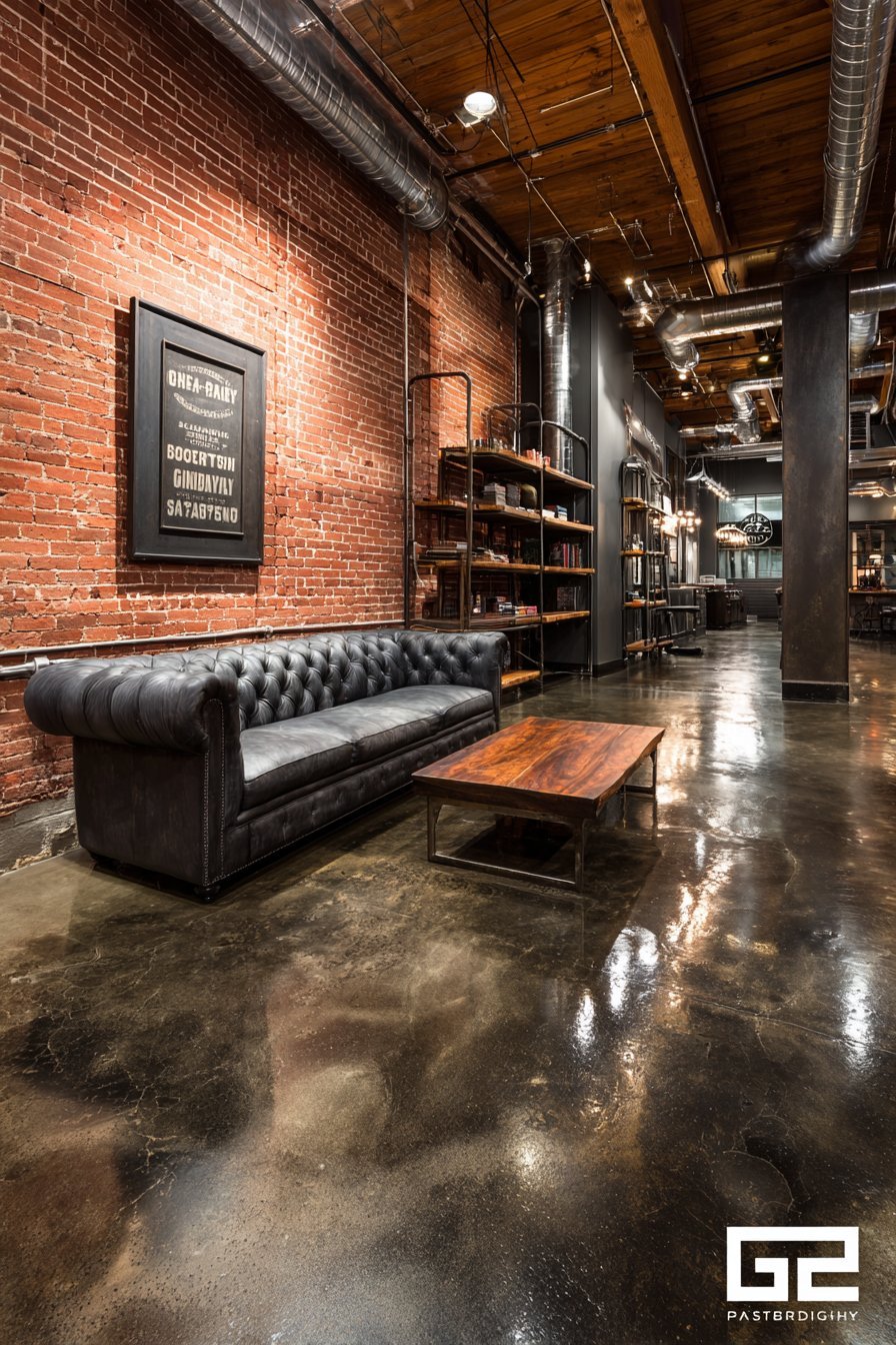 Industrial loft living room with metal wall sculptures on red brick above a charcoal leather Chesterfield