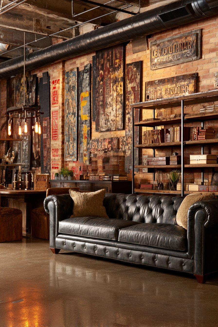 Industrial loft living room with metal wall sculptures on red brick above a charcoal leather Chesterfield