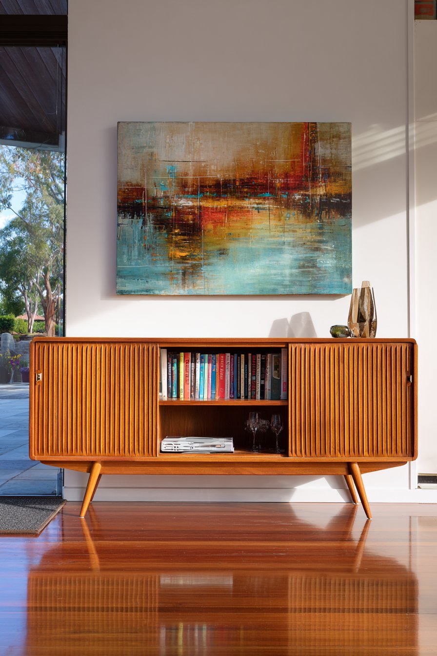 Teak mid-century credenza with sliding tambour doors, brass details and abstract art on a white wall