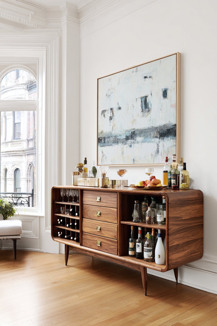 Teak mid-century credenza with sliding tambour doors, brass details and abstract art on a white wall