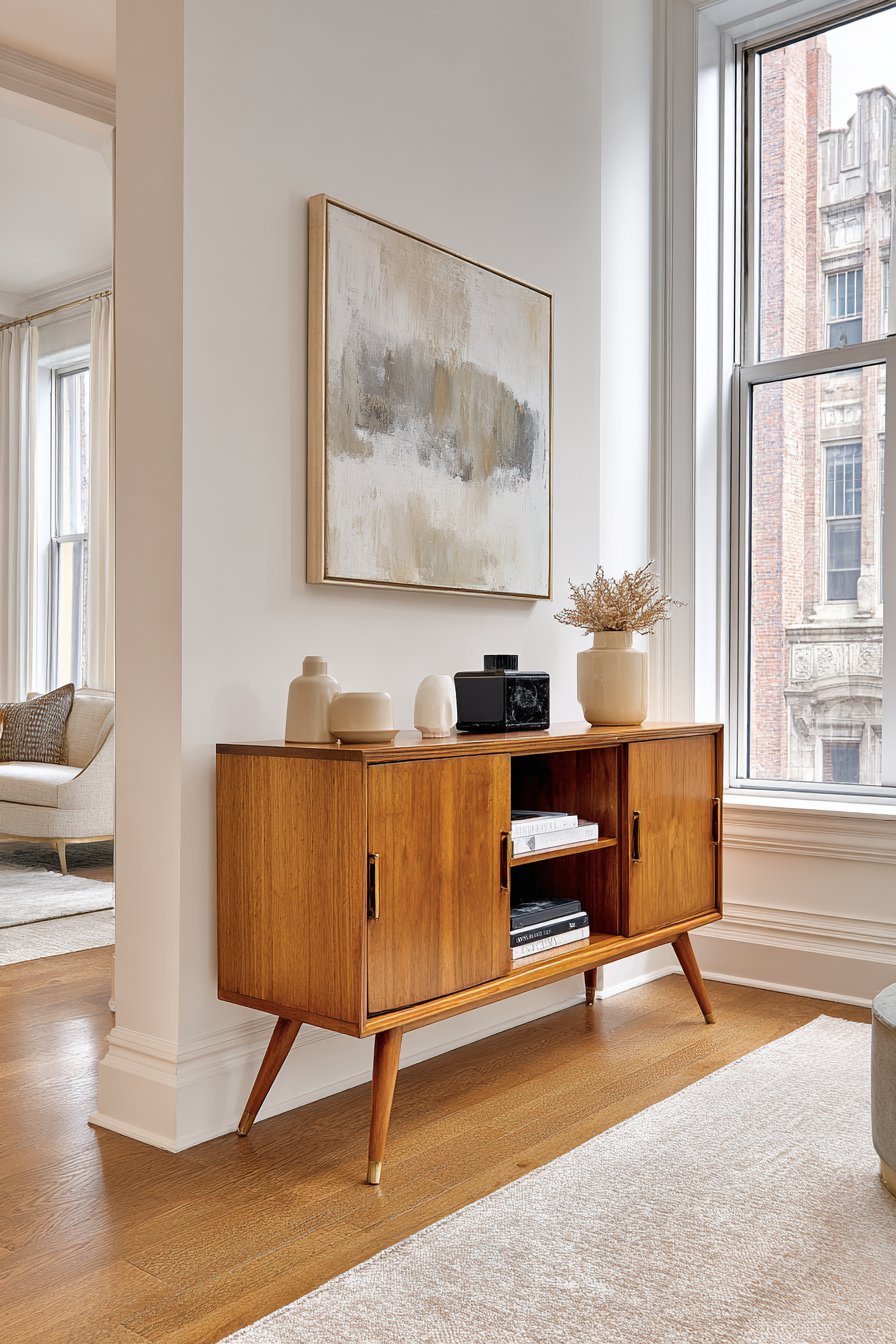 Teak mid-century credenza with sliding tambour doors, brass details and abstract art on a white wall
