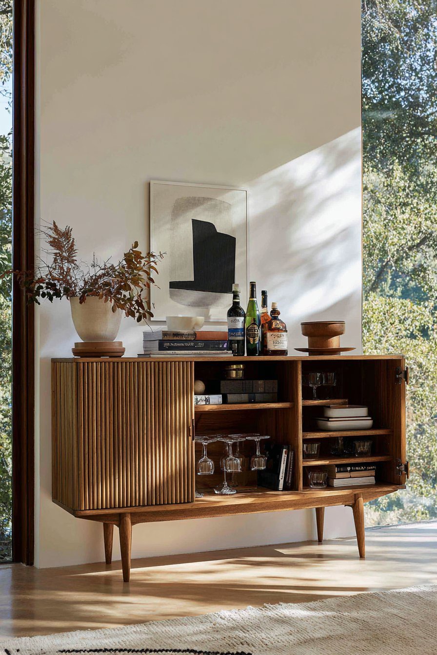 Teak mid-century credenza with sliding tambour doors, brass details and abstract art on a white wall
