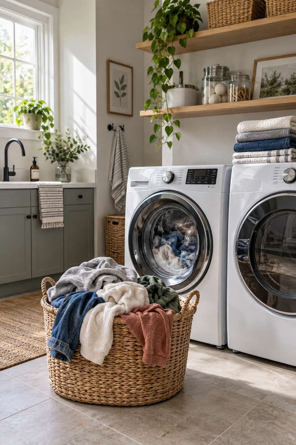 Full laundry day setup showing sorting, washing, and drying stages together