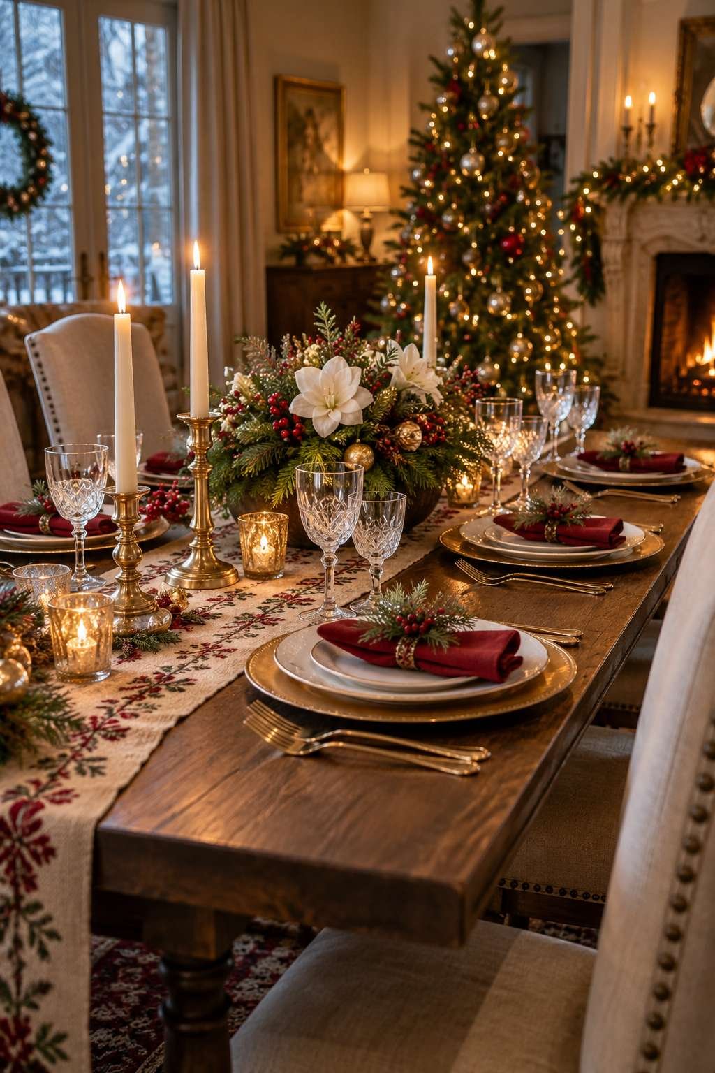 Dining table decorated for Christmas with a festive runner