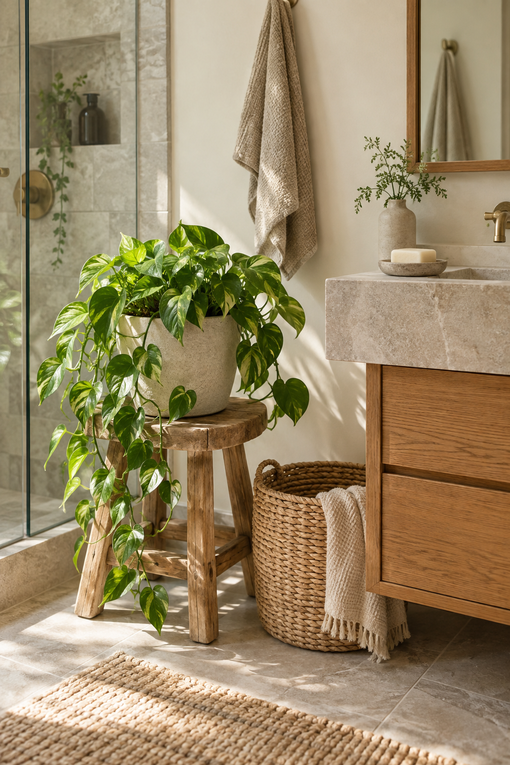 Bathroom corner styled with plants, rattan, and stone accents