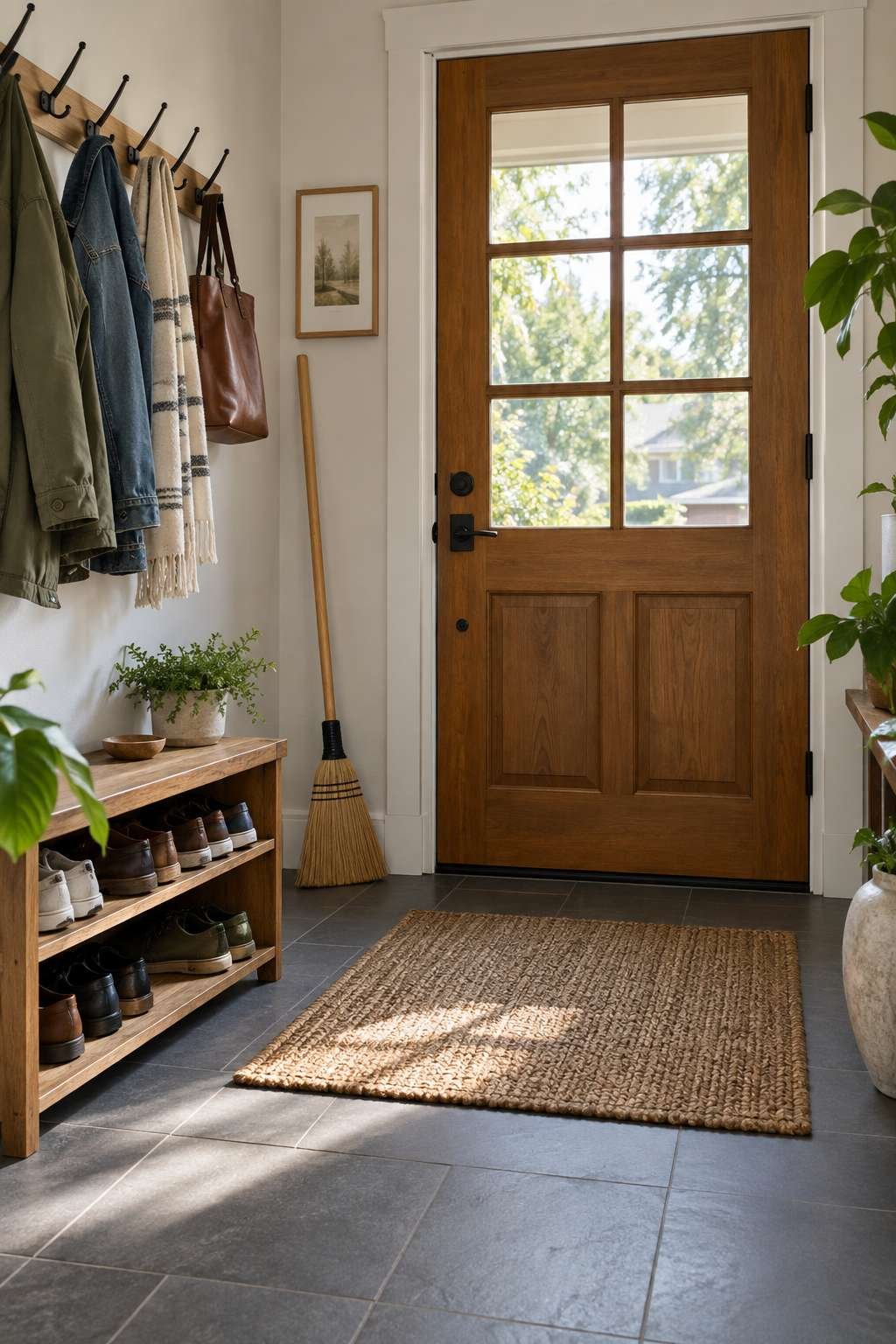 Freshly cleaned entryway with organized shoe rack and coat hooks