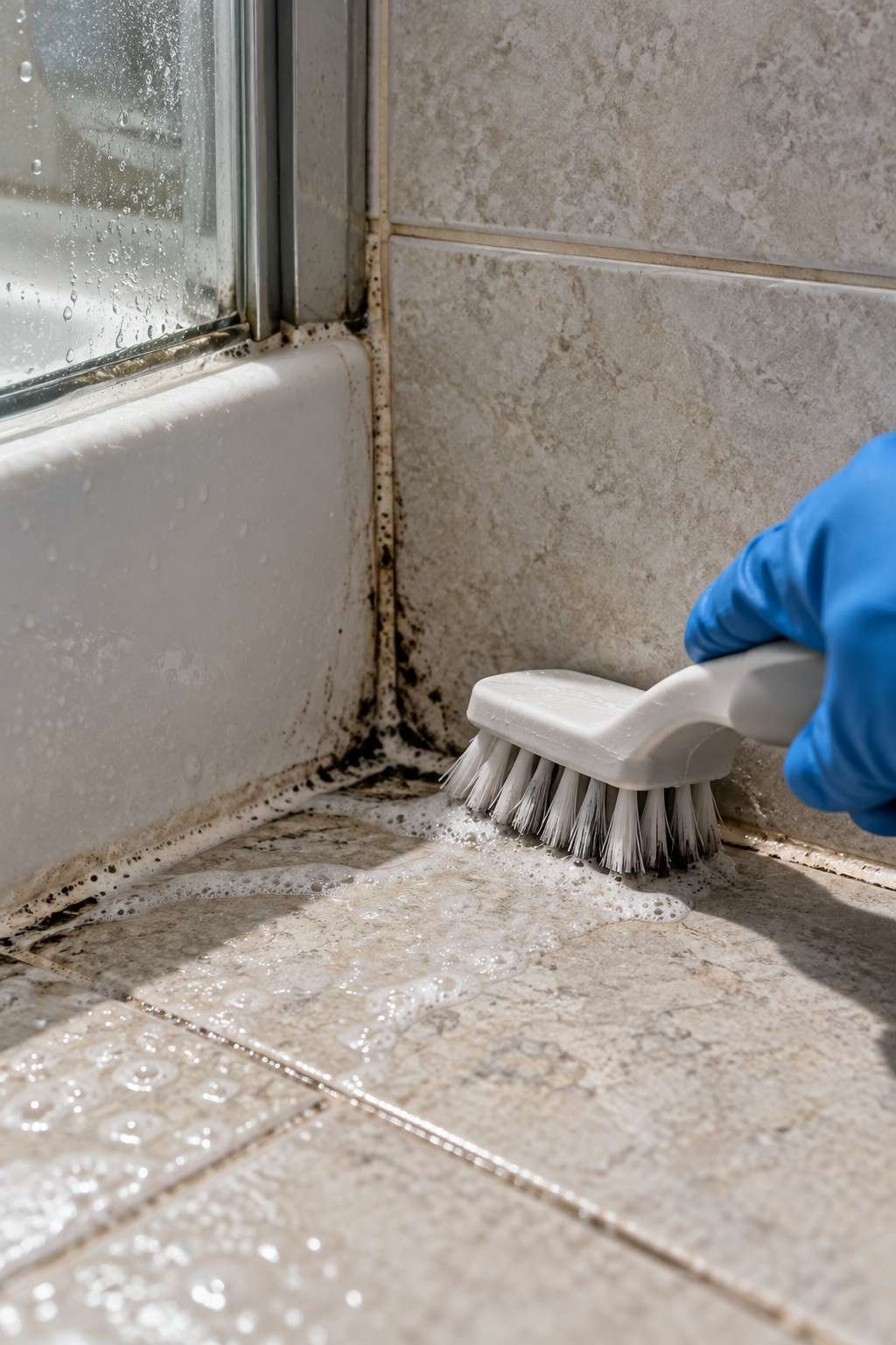 Scrubbing mold from bathroom grout lines with a stiff brush