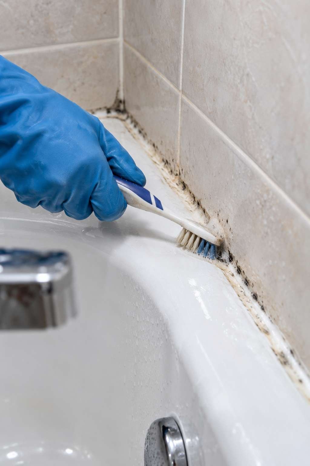 Cleaning mold from silicone caulk around a bathtub